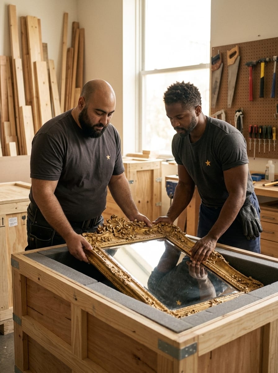 GeoStars mover securing a custom-built wood crate around a gilded antique mirror before loading