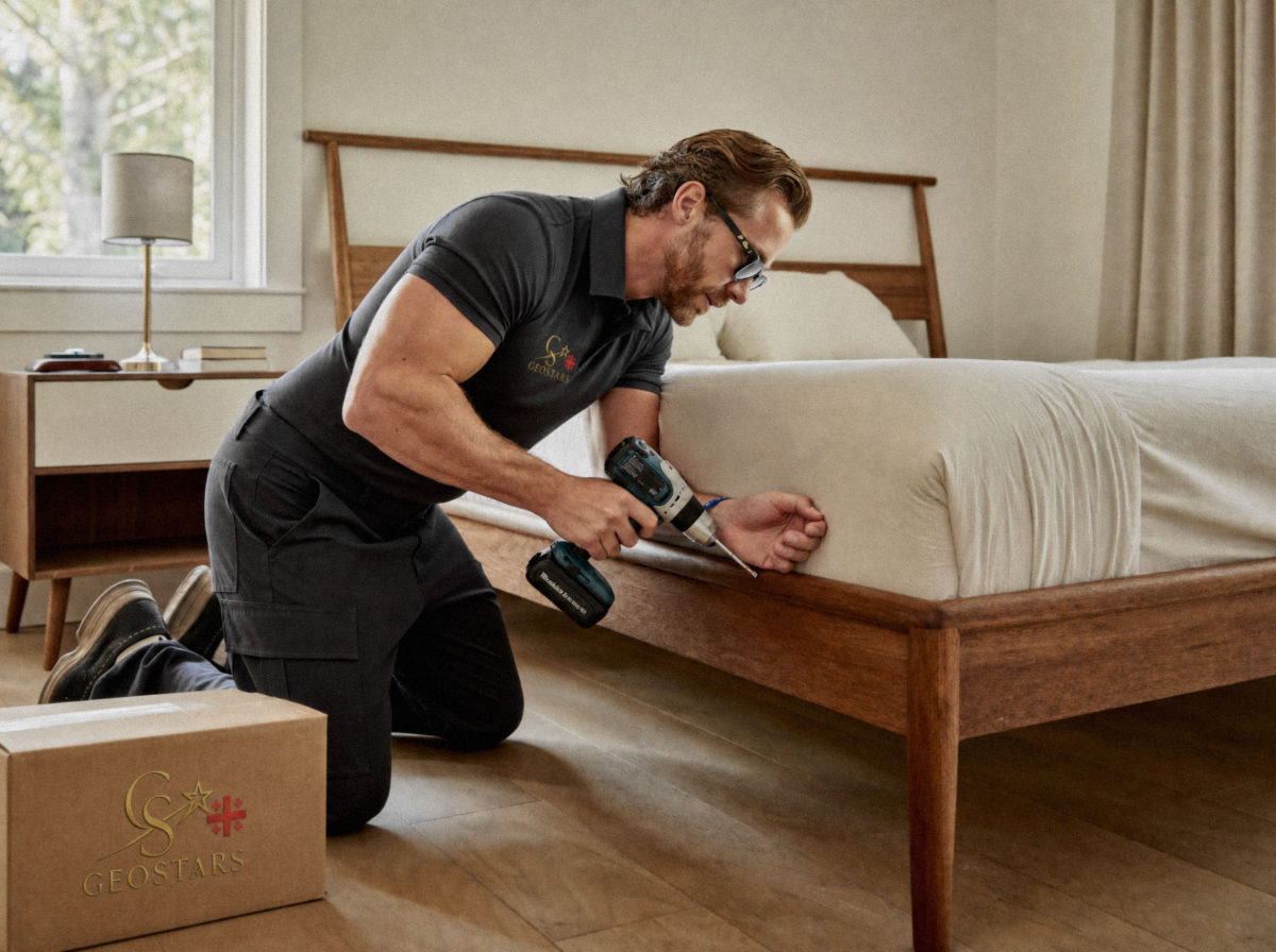 A person assembling furniture with tools