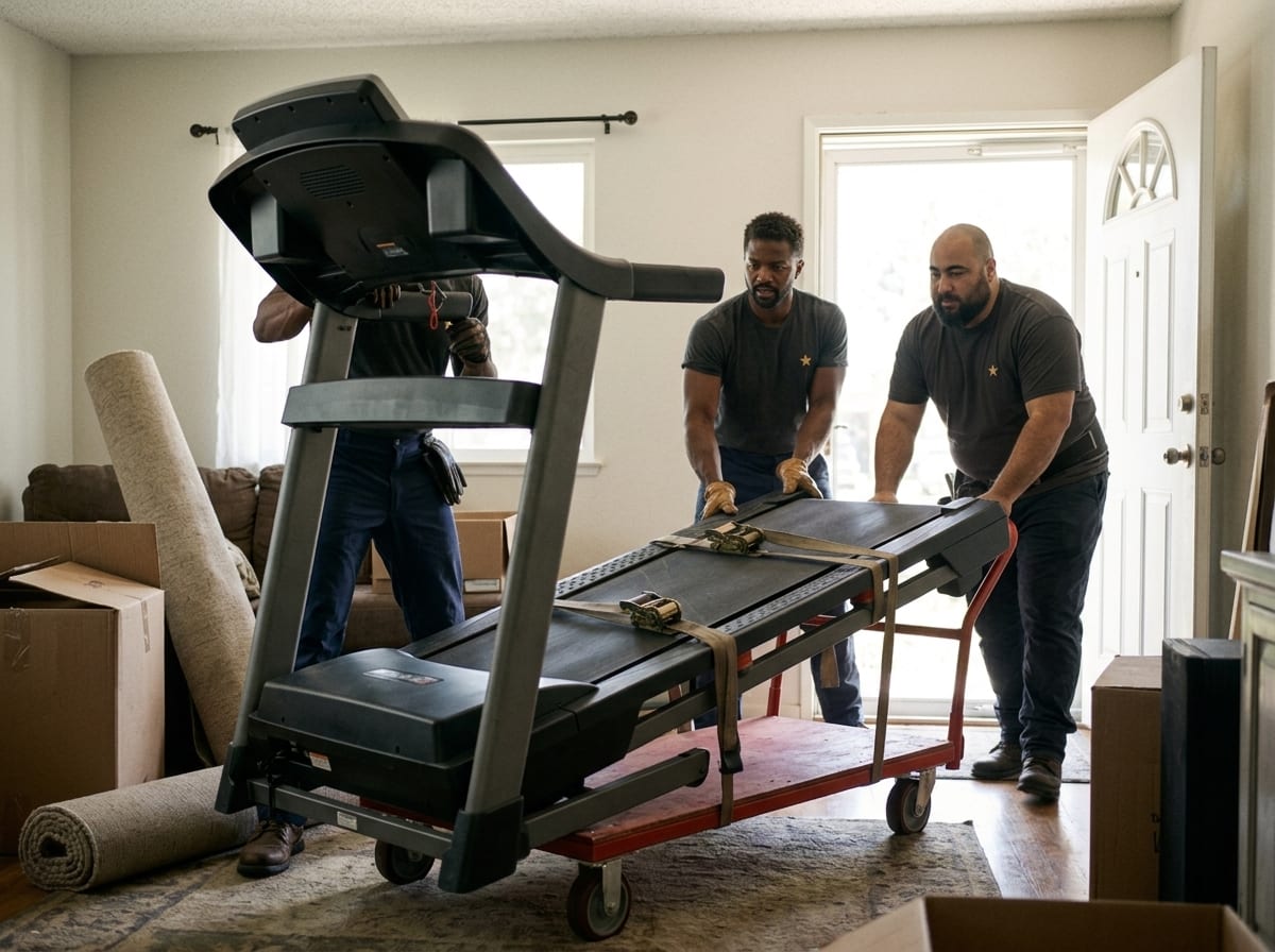 Two GeoStars movers reassembling a squat rack with hex keys in a home gym
