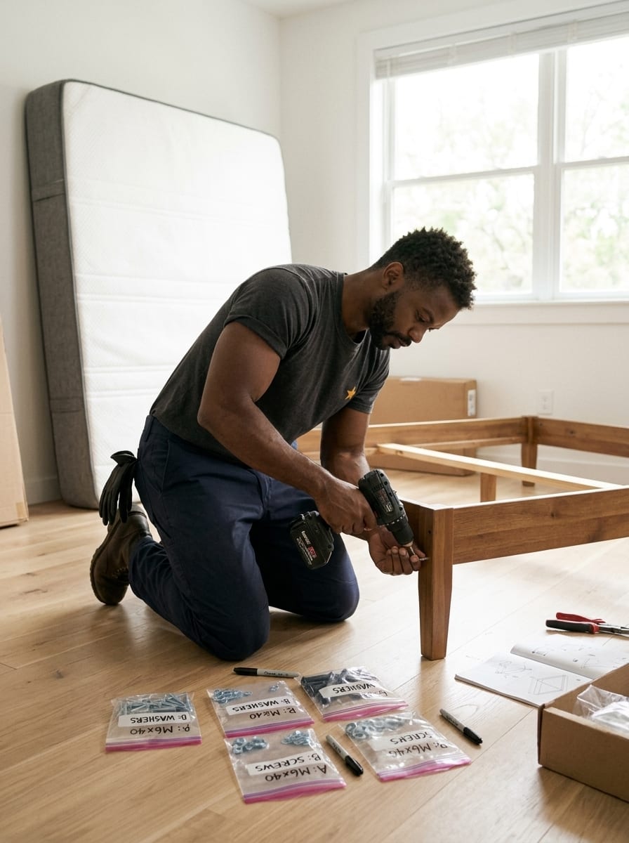 GeoStars mover disassembling a wooden bed frame with a power driver, labeled hardware bags taped to the headboard