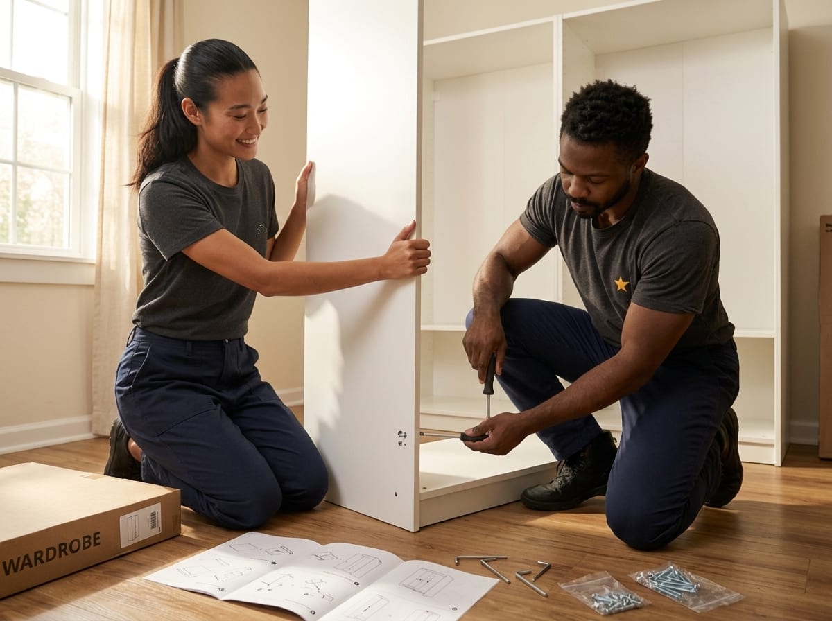 Two GeoStars movers reassembling a wardrobe in a bright new apartment, moving blankets folded beside them