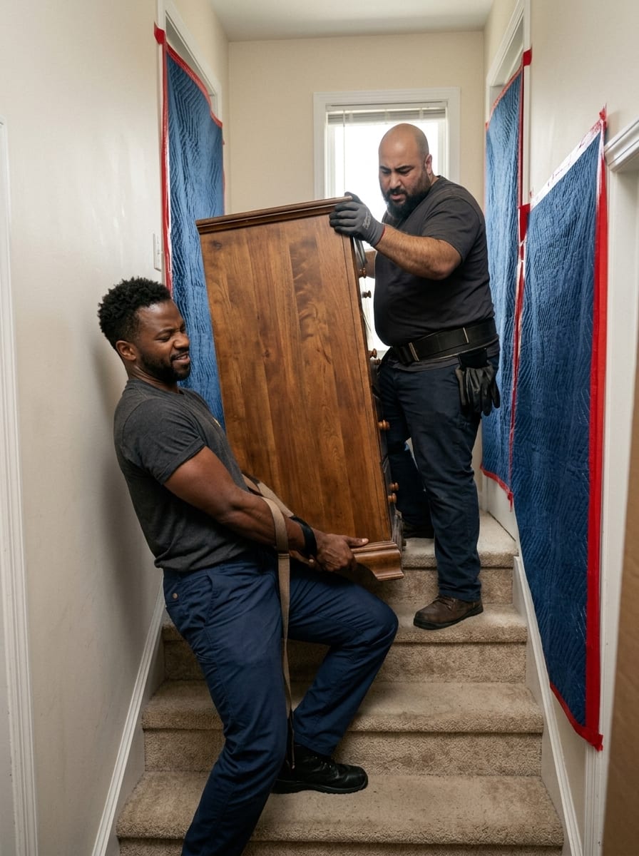 GeoStars movers carrying a blanket-wrapped sofa down a narrow staircase with padded banisters