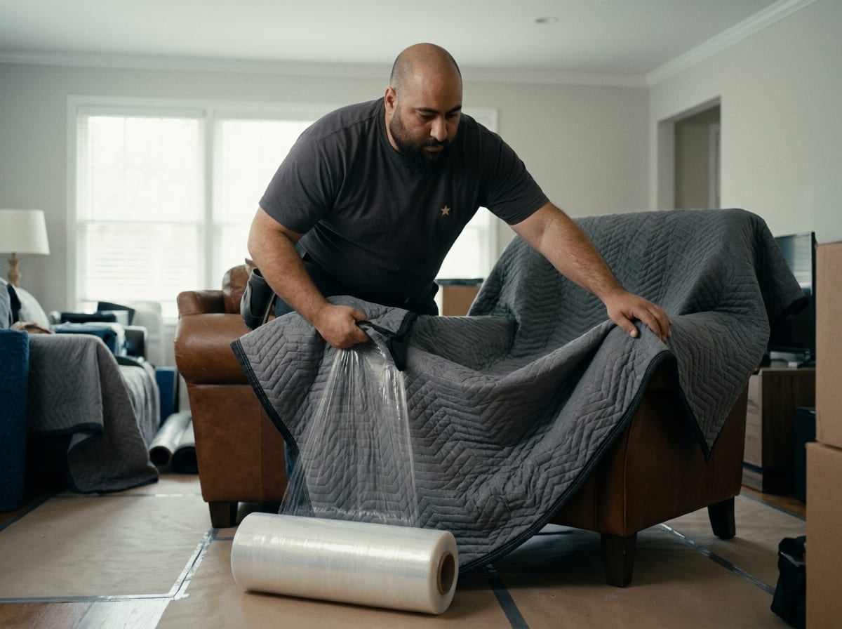 Mover reassembling a wooden bed frame in a bedroom with floor runners protecting the hardwood