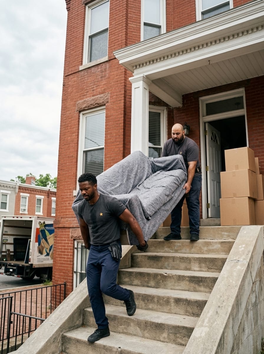 GeoStars movers carrying a blanket-wrapped sofa out of a Northern Virginia apartment building toward a moving truck