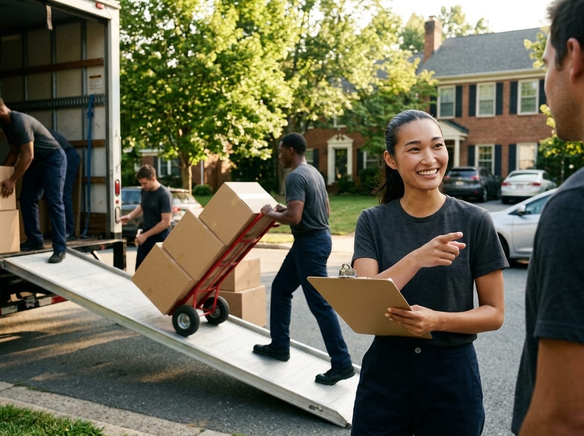 GeoStars crew member loading labeled moving boxes onto a hand truck inside a DC residential elevator
