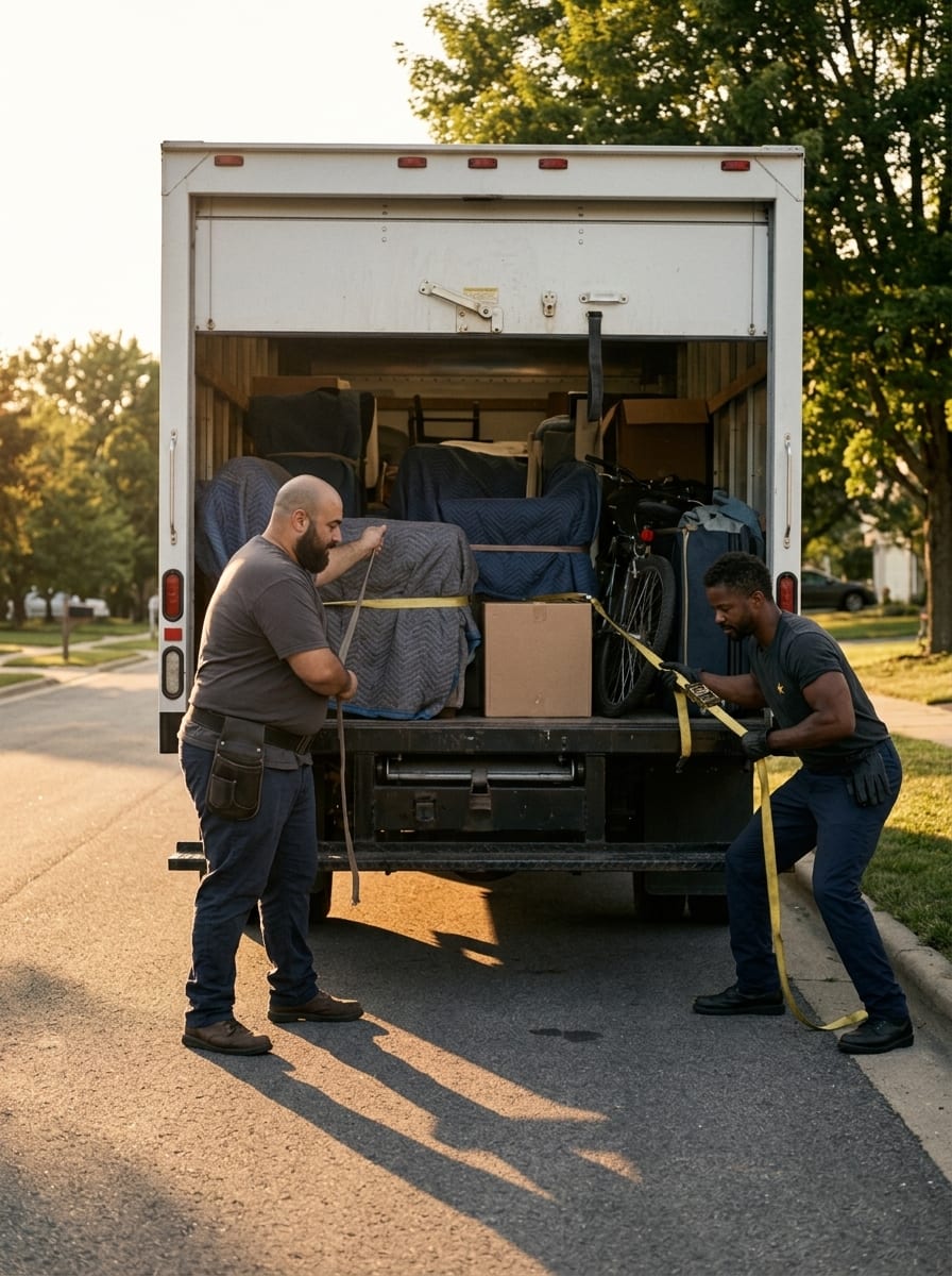 GeoStars movers loading padded, wrapped furniture into a moving truck for an interstate move from Northern Virginia