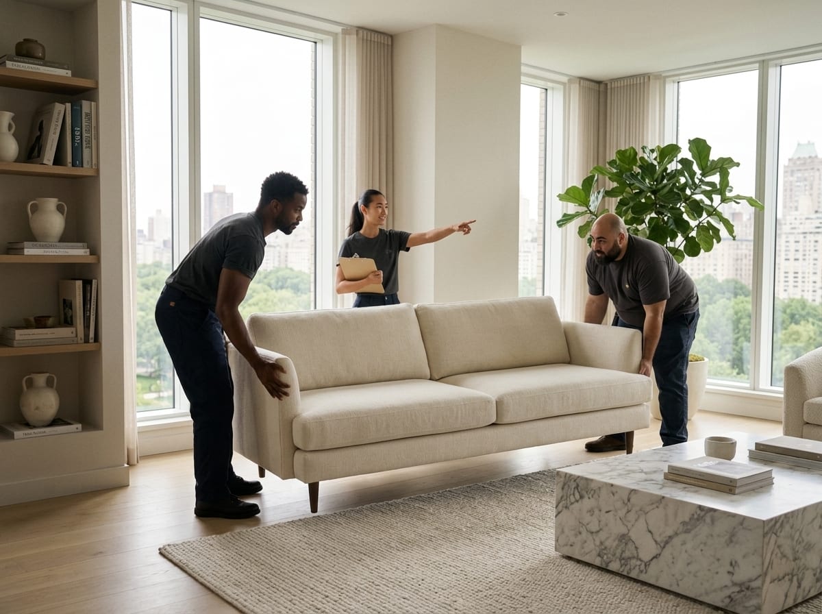 Mover placing an unpacked armchair in a finished living room while carrying flattened boxes out the door